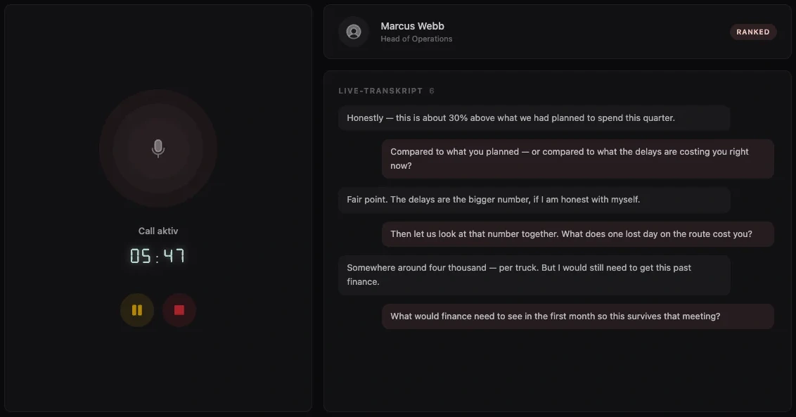 Live call view: counterpart with title and RANKED badge, live transcript, timer with pause and hang-up