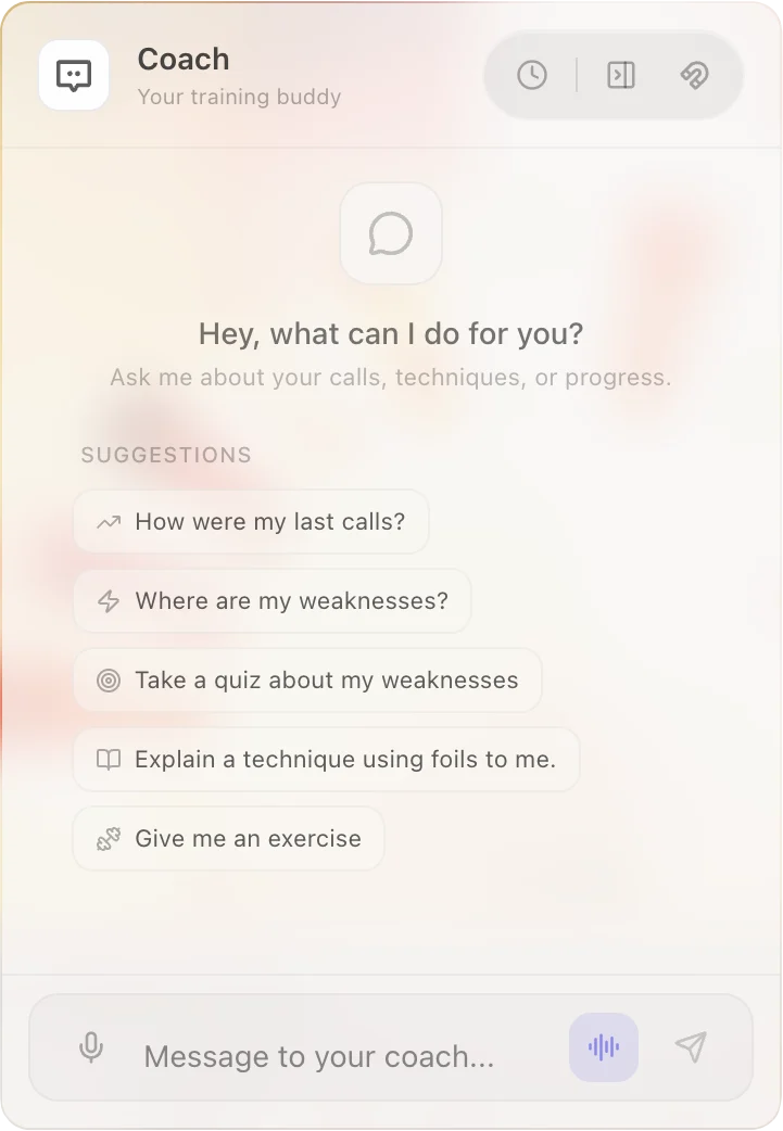 Coach chat with suggestions and voice input: last calls, weaknesses, quiz, technique explanation, exercise