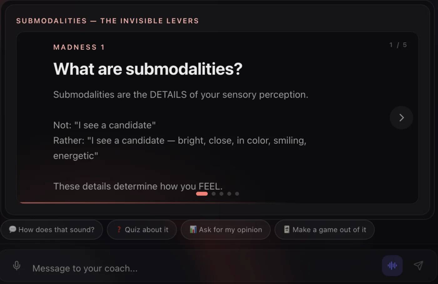 Coach stage: a live-built slide deck about submodalities, 1 of 5, with follow-up chips
