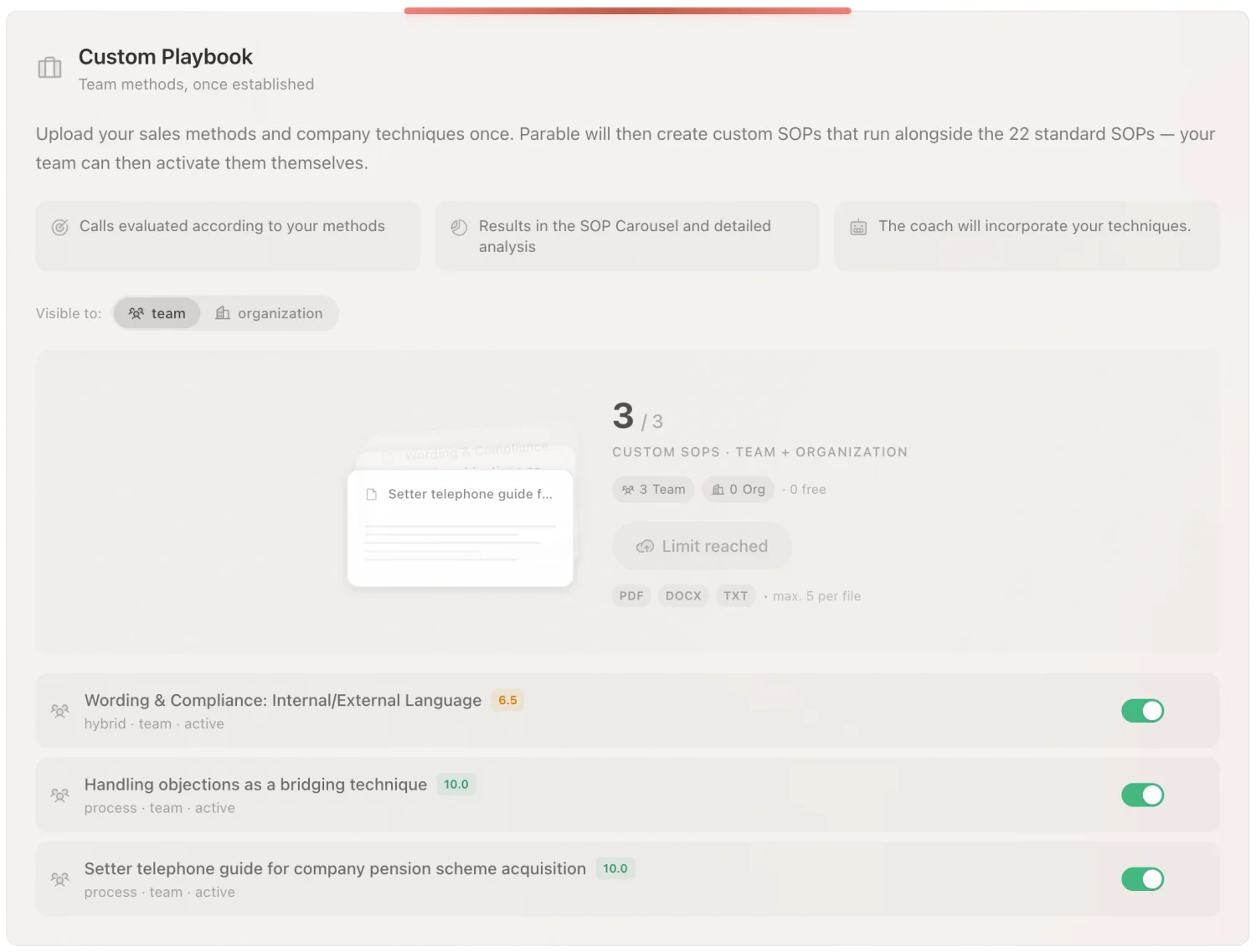 Custom playbook: uploaded team methods as custom SOPs, each toggleable for team or organization