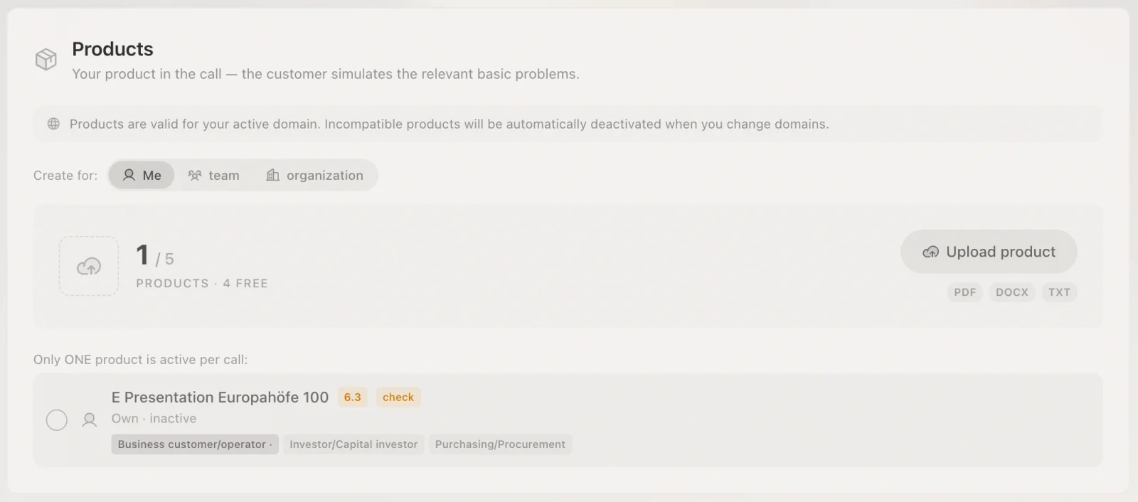 Products view: upload a product; the call customer simulates its relevant basic problems