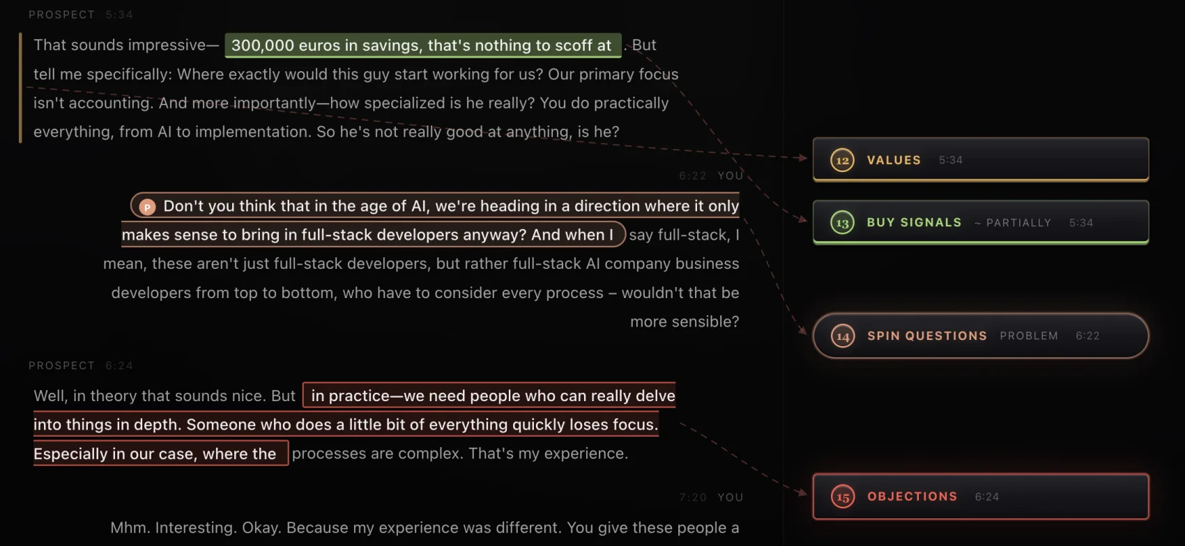 Annotated transcript: highlighted sentences linked to values, buy signals, SPIN questions and objections